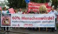 Mitglieder von Pro Asyl und dem Kampagnennetzwerk Campact demonstrieren vor dem BVG in Karlsruhe für die Menschenwürde. Foto: dpa